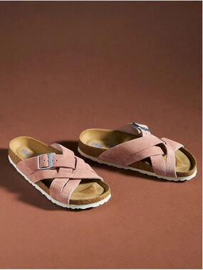 Birkenstock Lugano Soft Footbed Sandals Size 39 Pink Leather Suede Comfortable